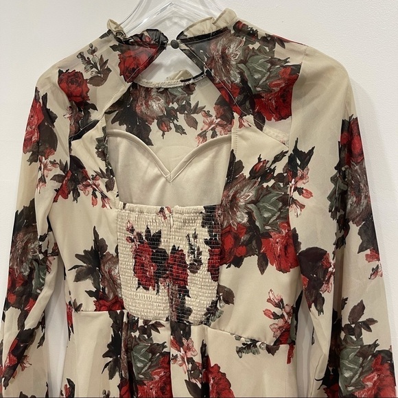 Soieblu Long Sleeve Smock Open Back Floral Dress Lace Trim Cream Ruffle Neck M - Picture 4 of 7